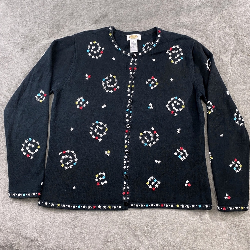 SOLD- Talbots Black Embroidered Star‎ Swirl Cardigan Sweater Womens L Cotton